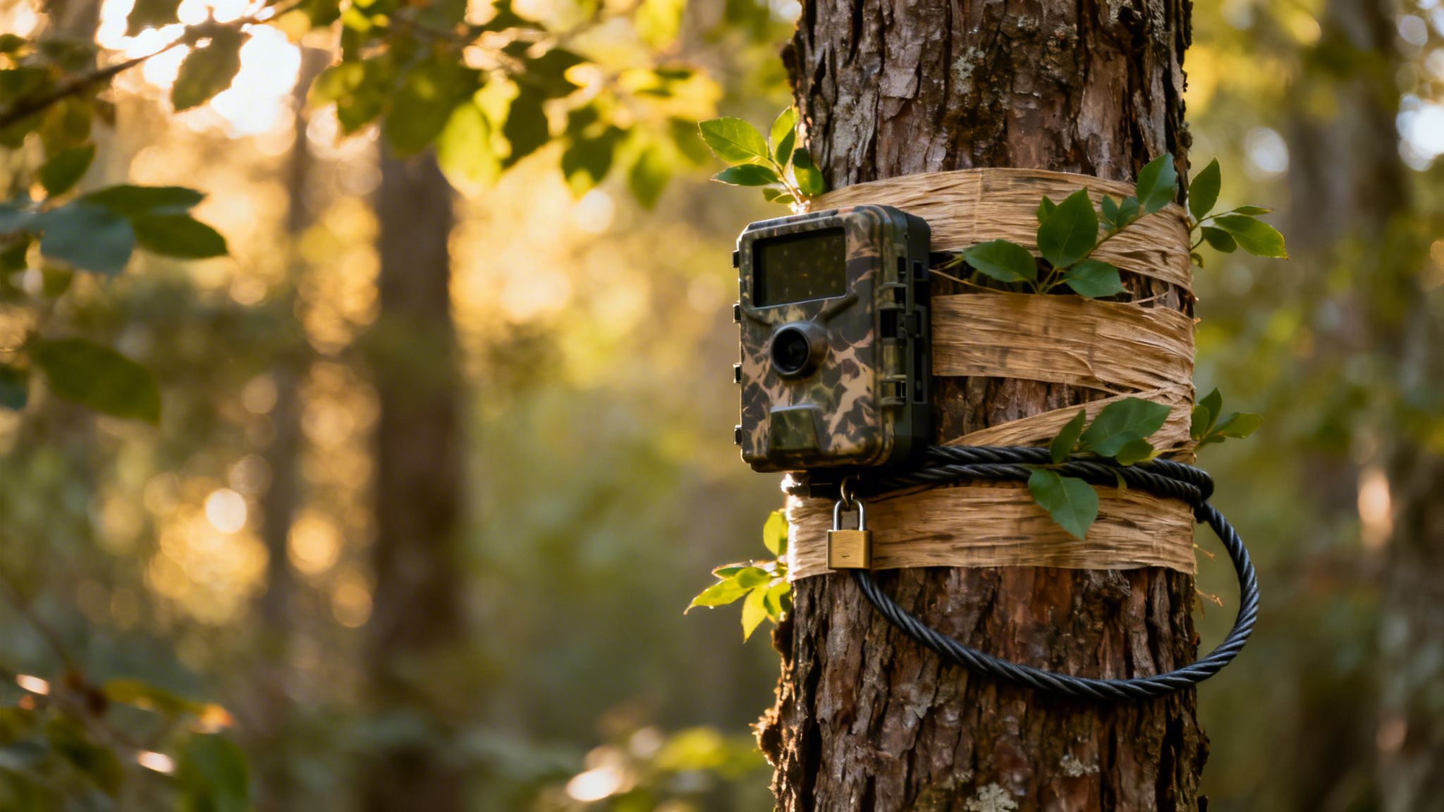 Trail camera mounted to a tree in a forest